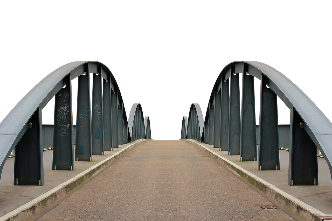 centre of bridge perspective with metal curved rails on either side